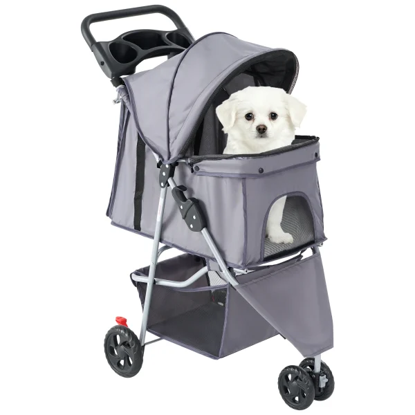 3-Wheel Foldable Pet Stroller with Storage Basket