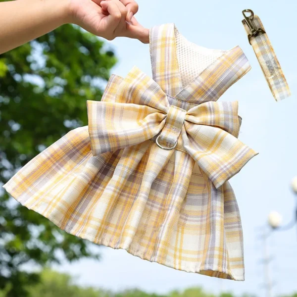 Reusable Plaid Dog Harness Dress with Leash